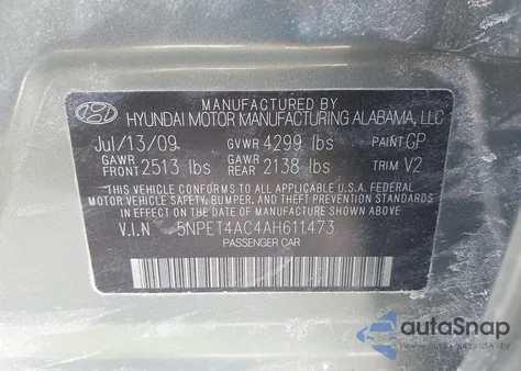 2010 Hyundai Sonata Gls z USA, uszkodzony, nr VIN 5NPET4AC4AH611473